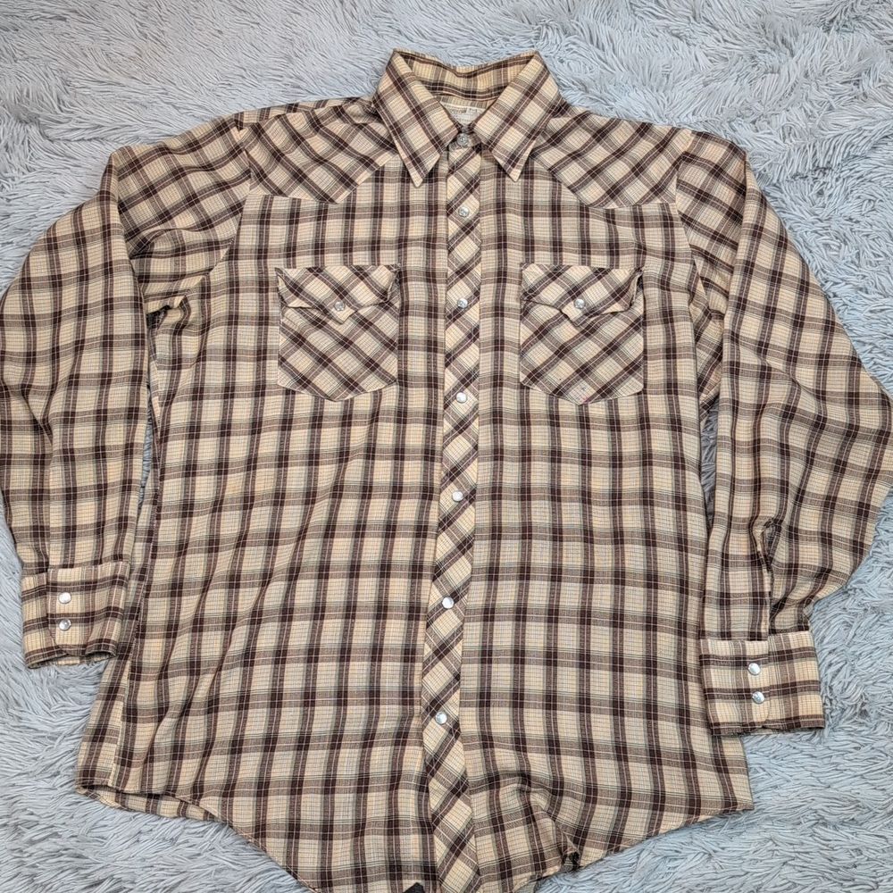 Vintage Montgomery Ward Shirt Mens‎ M Biege Pearl Snap Plaid Cowboy Western